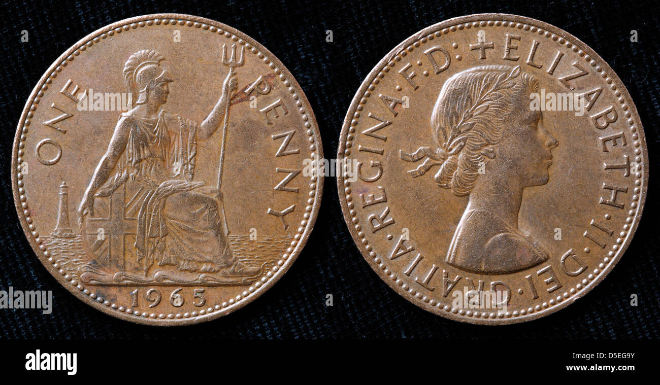 Moneda de 1 céntimo, la Reina Isabel II, Reino Unido, 1965 Foto de stock