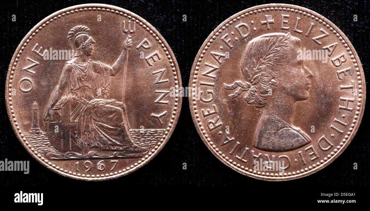 Moneda de 1 céntimo, la Reina Isabel II, Reino Unido, 1967 Foto de stock