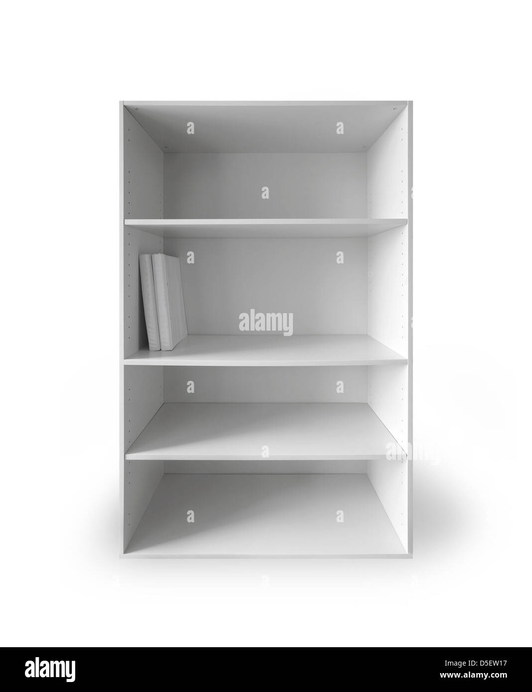 Armario blanco con estantes vacíos y dos libros sobre fondo blanco con sombra suave Foto de stock