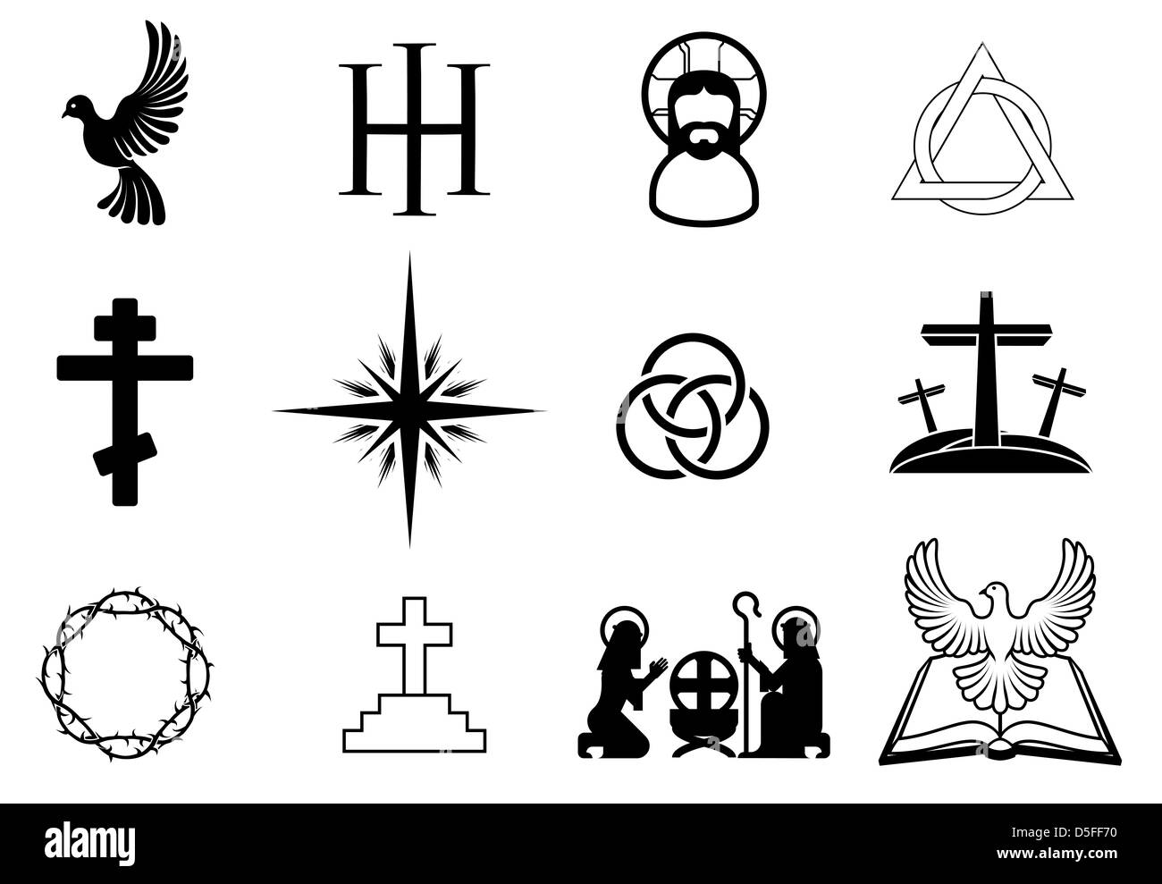 Un conjunto de signos y símbolos religiosos cristianos Foto de stock