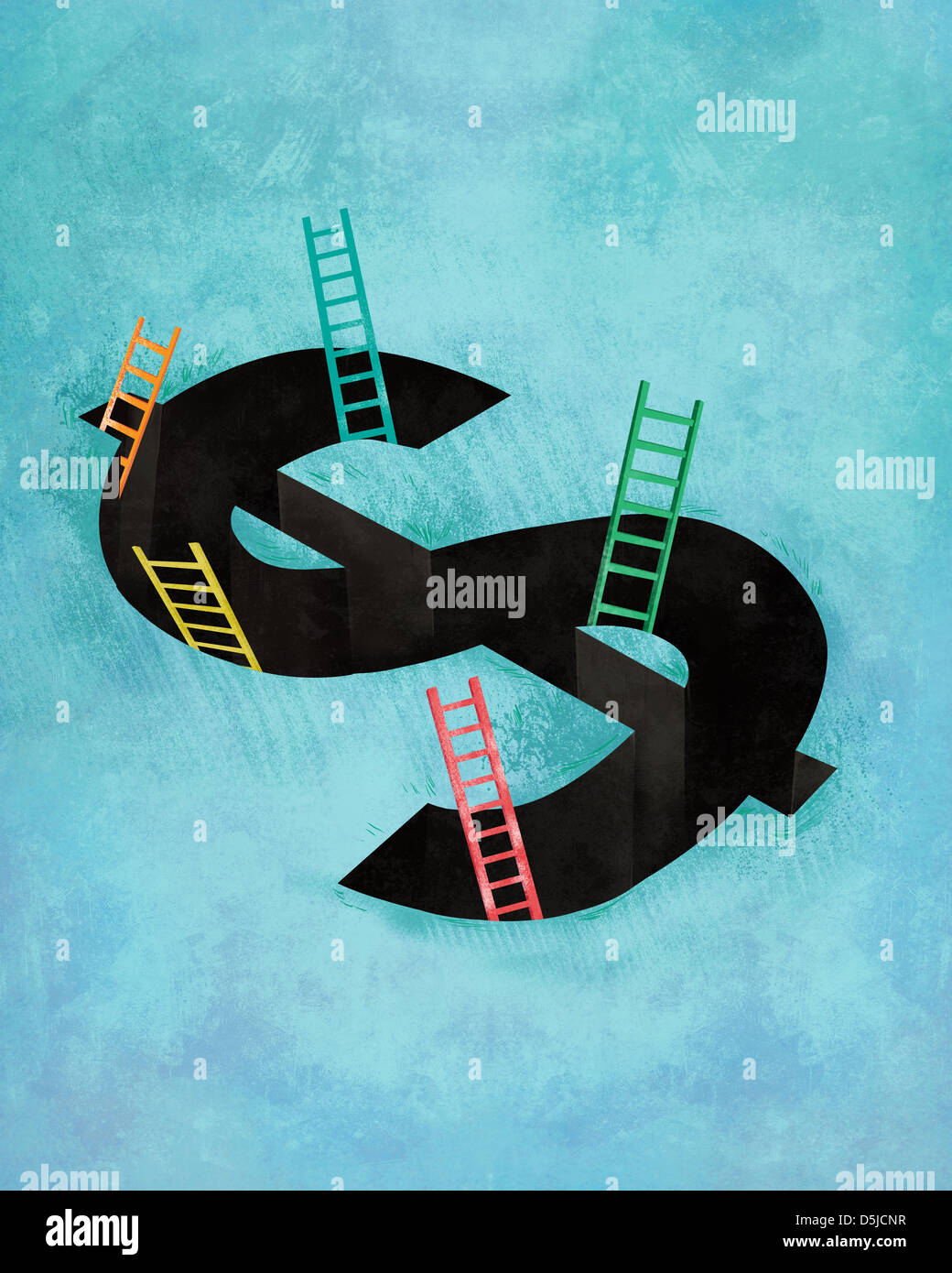 Imagen ilustrativa del signo de dólar con escaleras que representa salir de la deuda Foto de stock