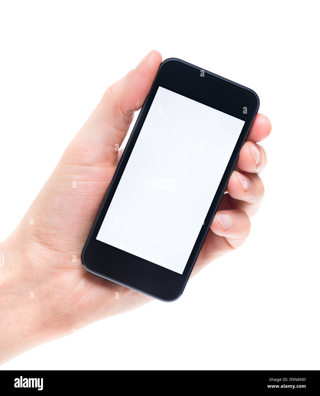 Hombre de mano sosteniendo y demostrando moderno smartphone móvil con pantalla en blanco. Aislado sobre fondo blanco. Foto de stock