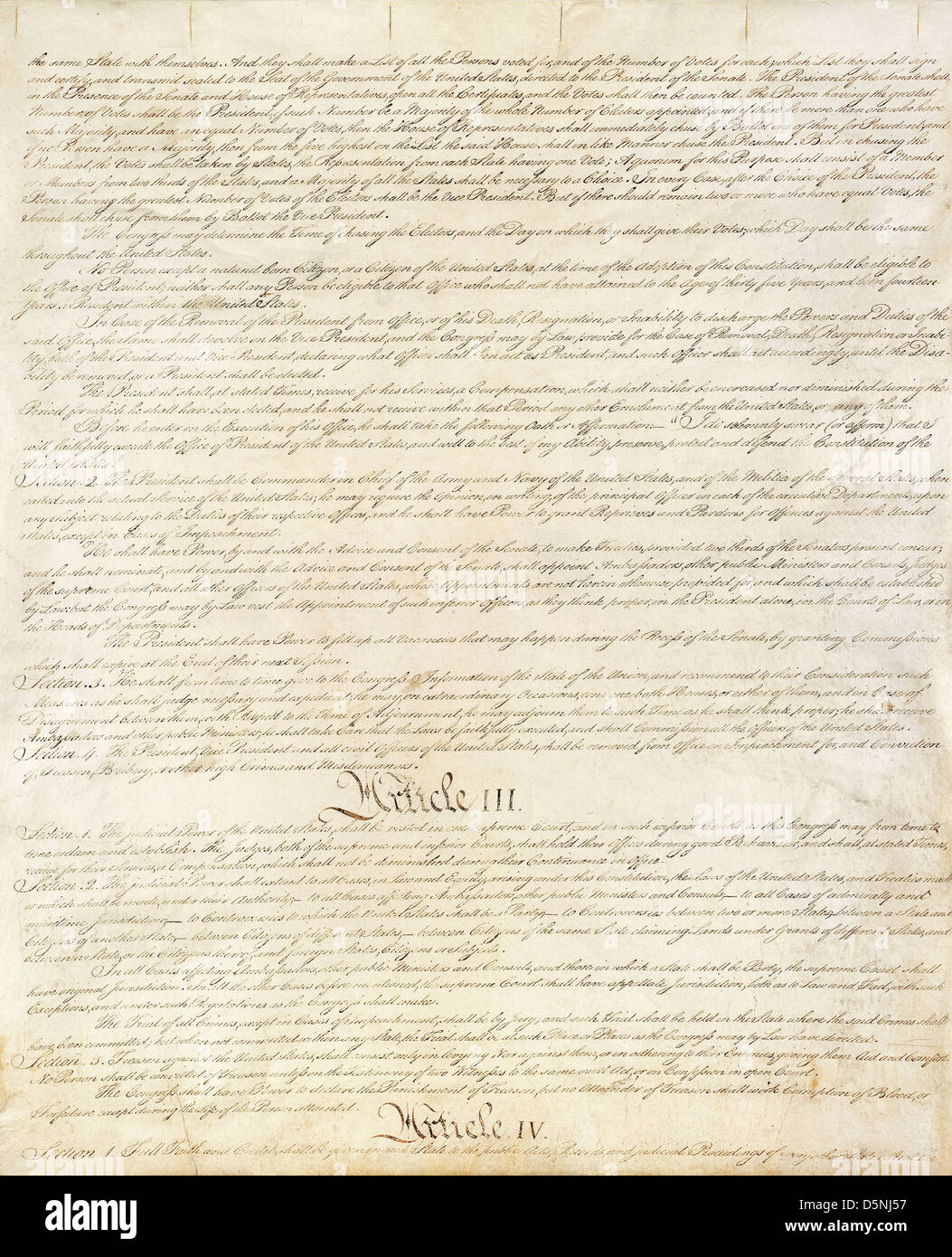 Tercera página de la Constitución de los Estados Unidos. Administración de Registros y Archivos Nacionales, en Washington, D.C. Foto de stock
