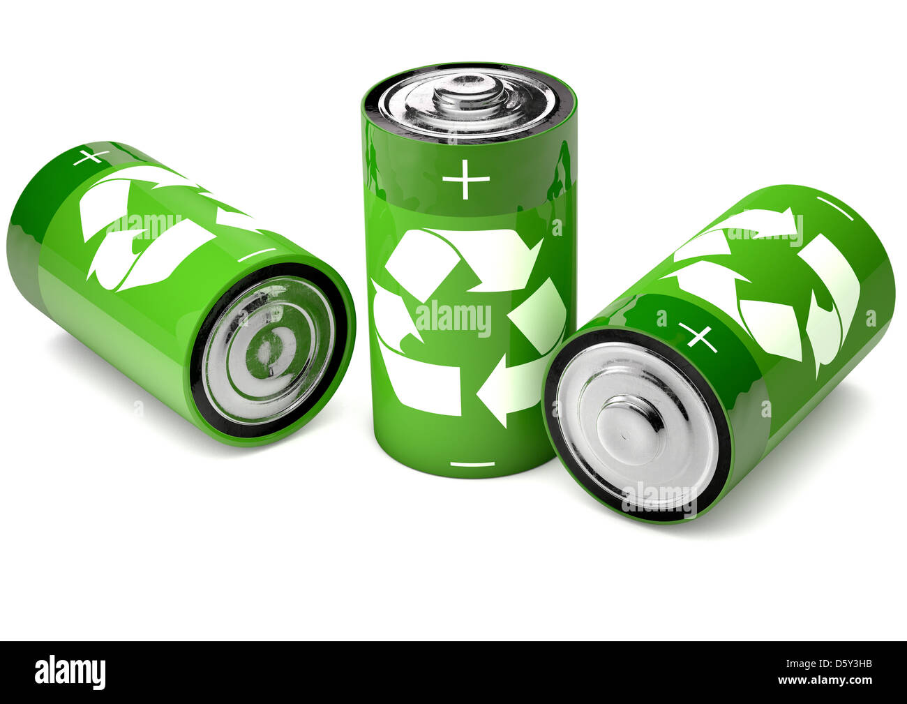 Concepto de ahorro de energía, reciclaje de pilas con un símbolo de reciclado Foto de stock