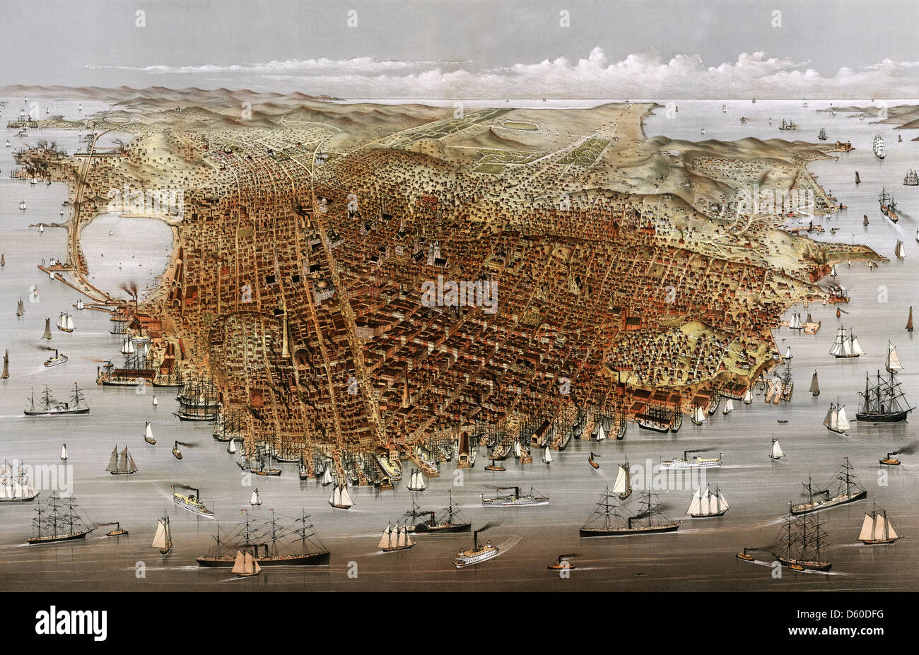 SAN FRANCISCO 1878 imprimir por Currier e Ives Foto de stock