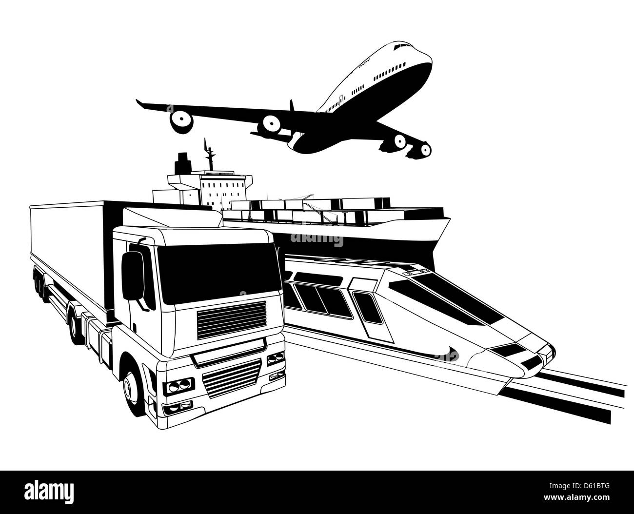 Una ilustración de logística de transporte de carga conceptual con un camión, avión, tren y barco carguero Foto de stock