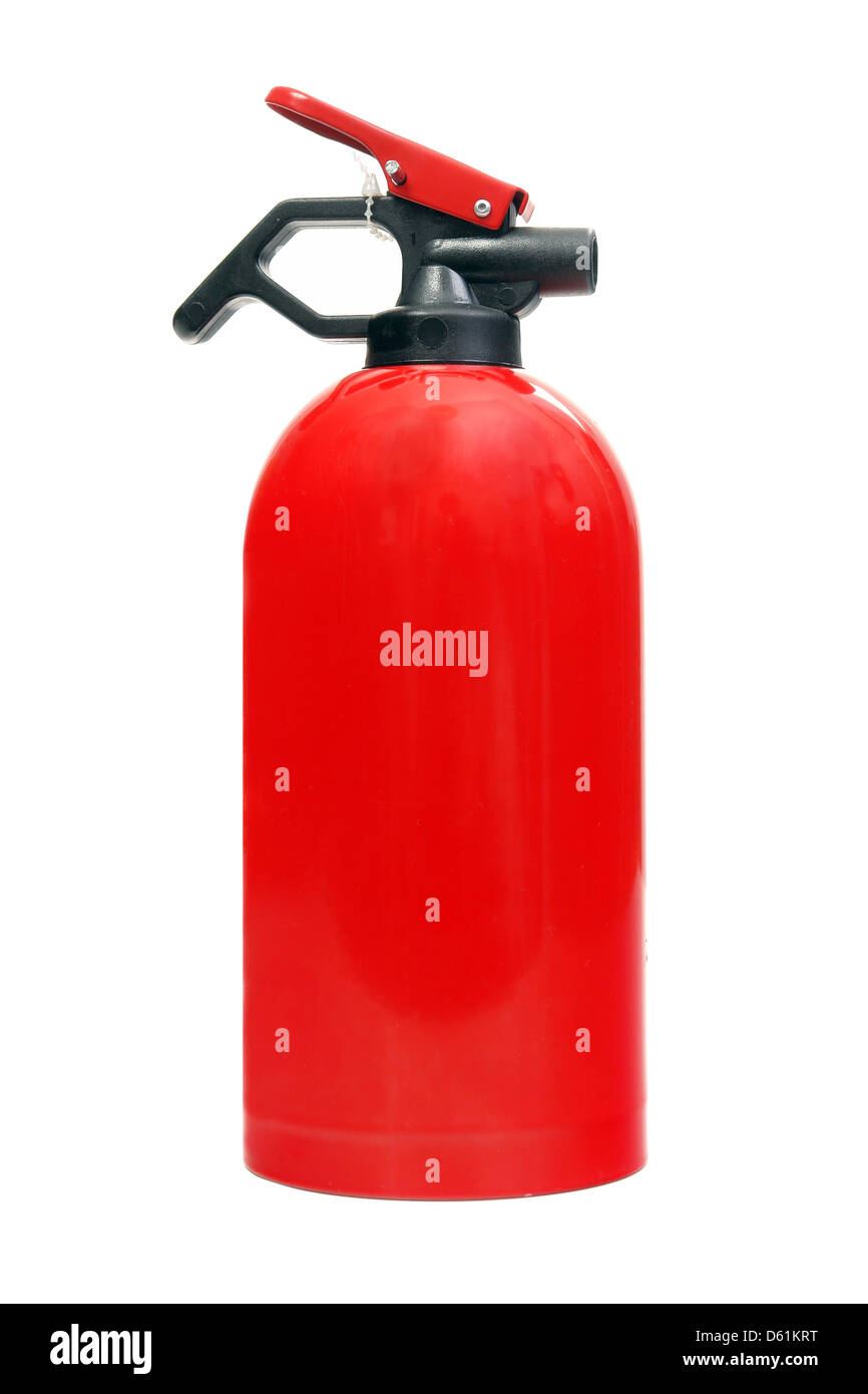 Coche portátil extintor de incendios de polvo seco aislado sobre fondo blanco. Foto de stock