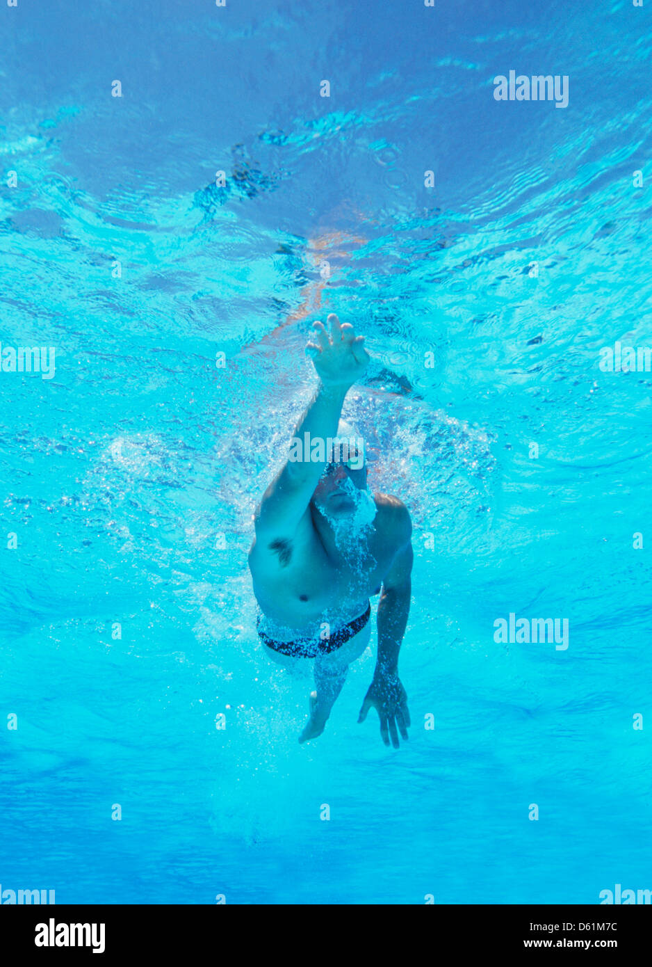 Filmación subacuática del macho profesional thlete nadar en piscina Foto de stock