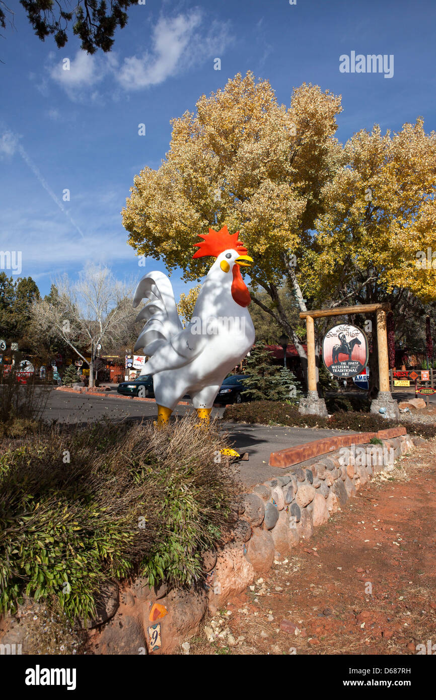 Un gallo figura junto a una carretera y las rocas rojas en el trasfondo, Sedona, Arizona, EE.UU. Foto de stock