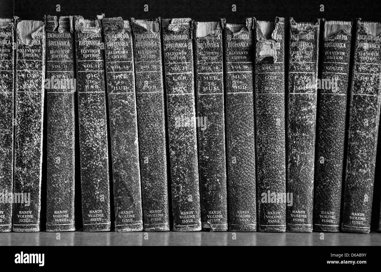 Forrado en cuero viejo Britannica en un estante Foto de stock
