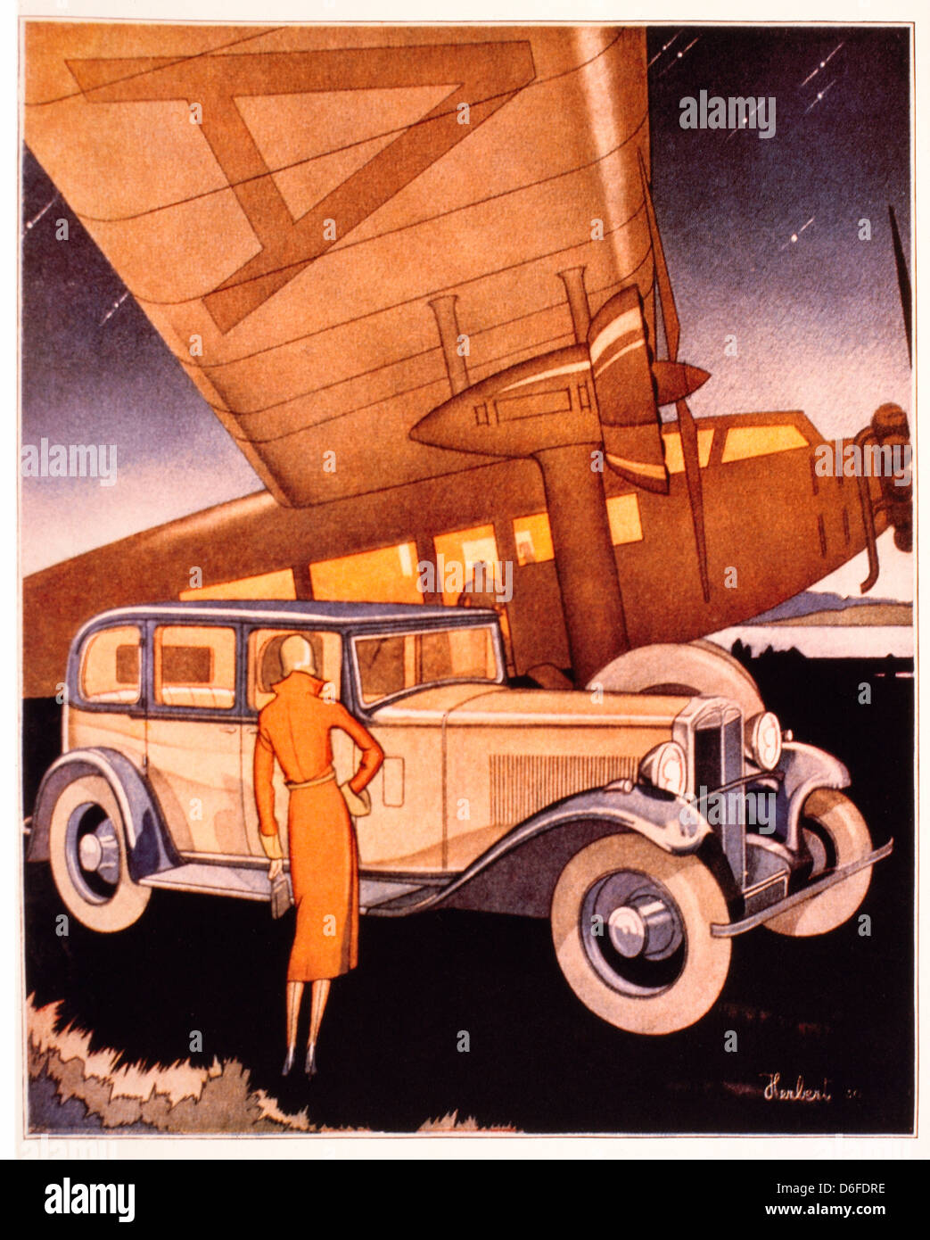 Mujer de pie al lado de coches y aviones, Asistente de Hillman, 1931 Anuncio de automóviles Foto de stock