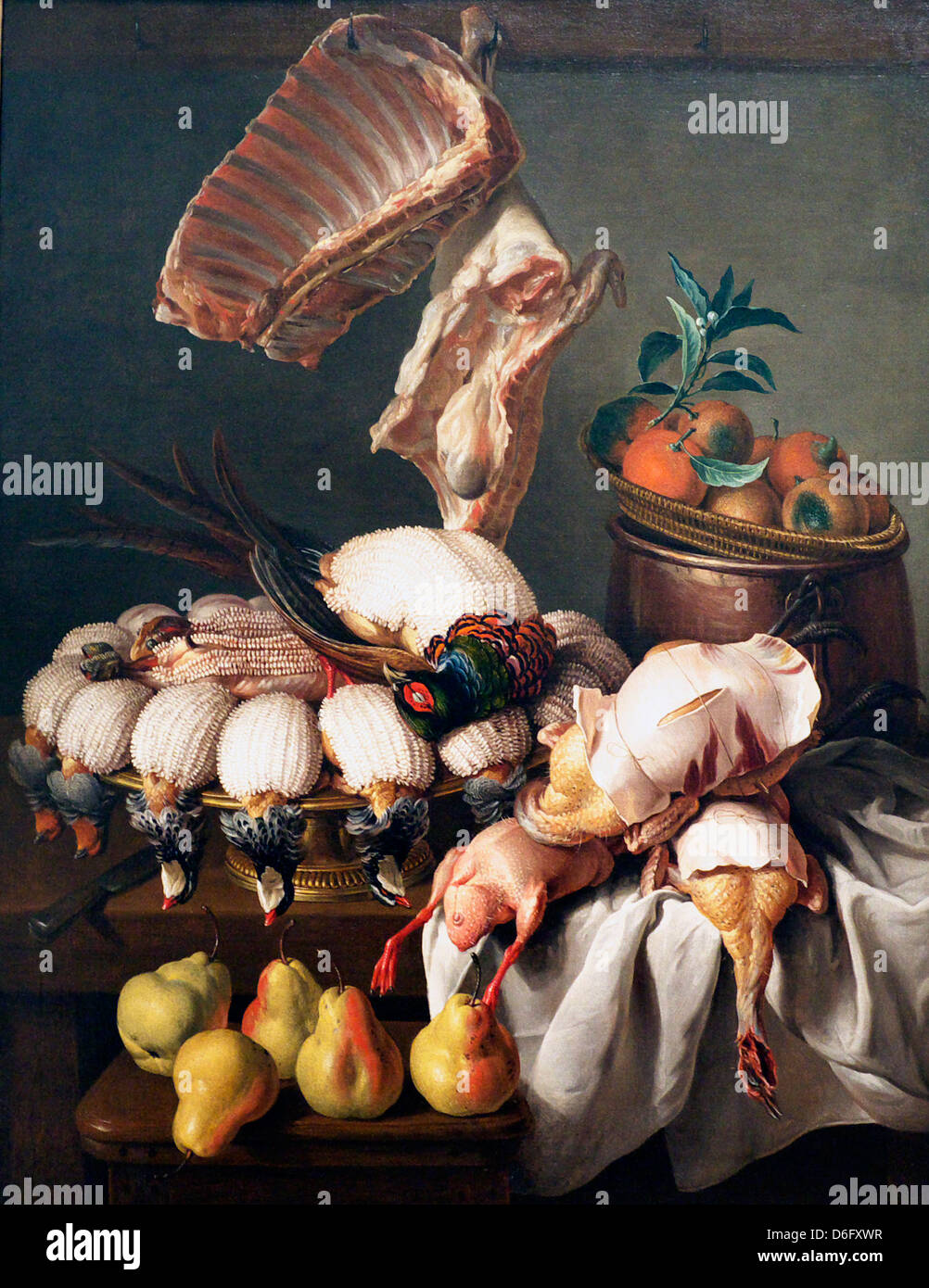 Bodegón con vestidos Juego, carne y fruta por Alexandre François Desportes Foto de stock