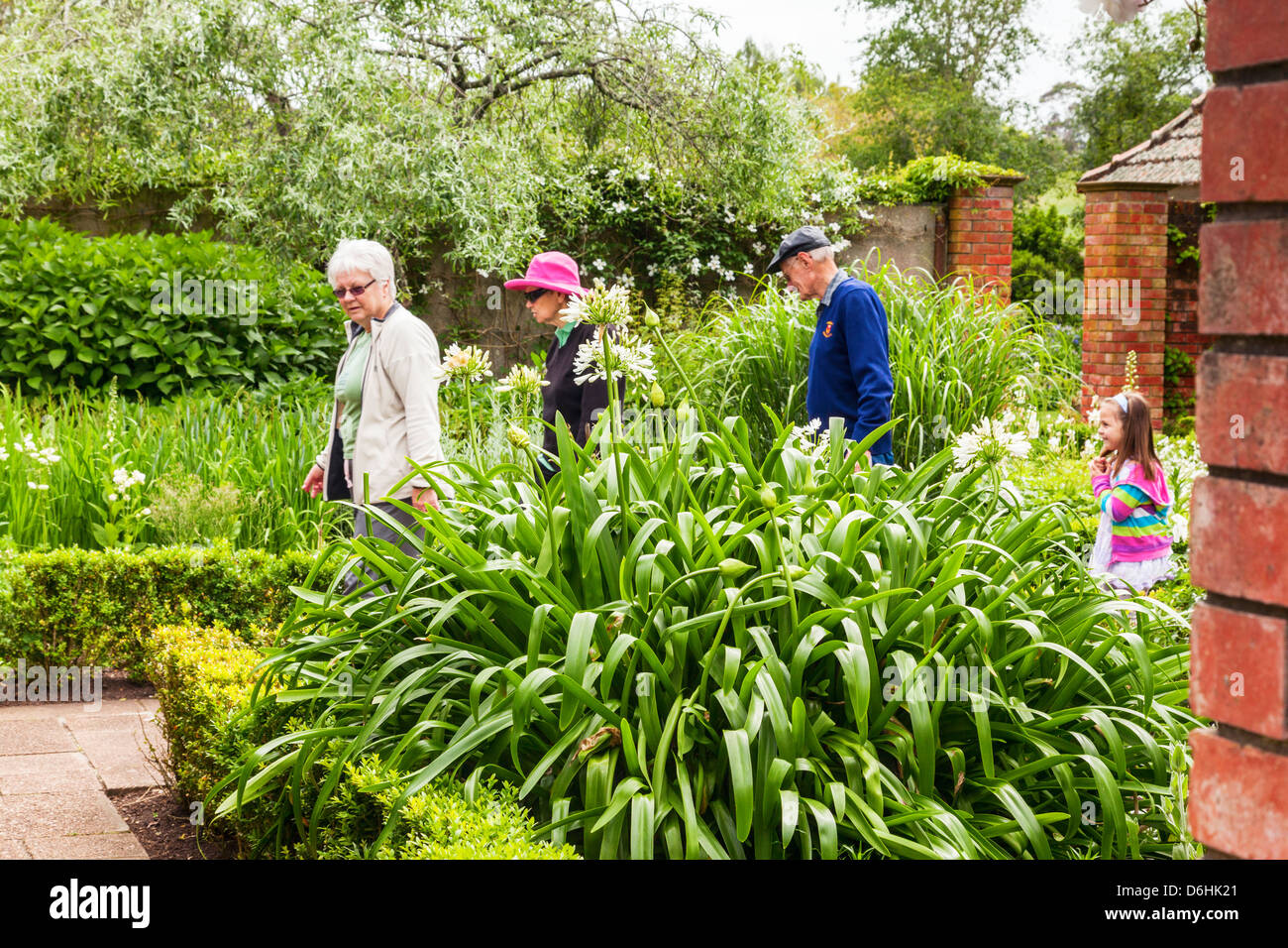 Visitantes que buscan alrededor del Jardín Inglés, jardines Hamilton, Hamilton, Waikato, Nueva Zelanda. Centrarse en primer plano. Foto de stock