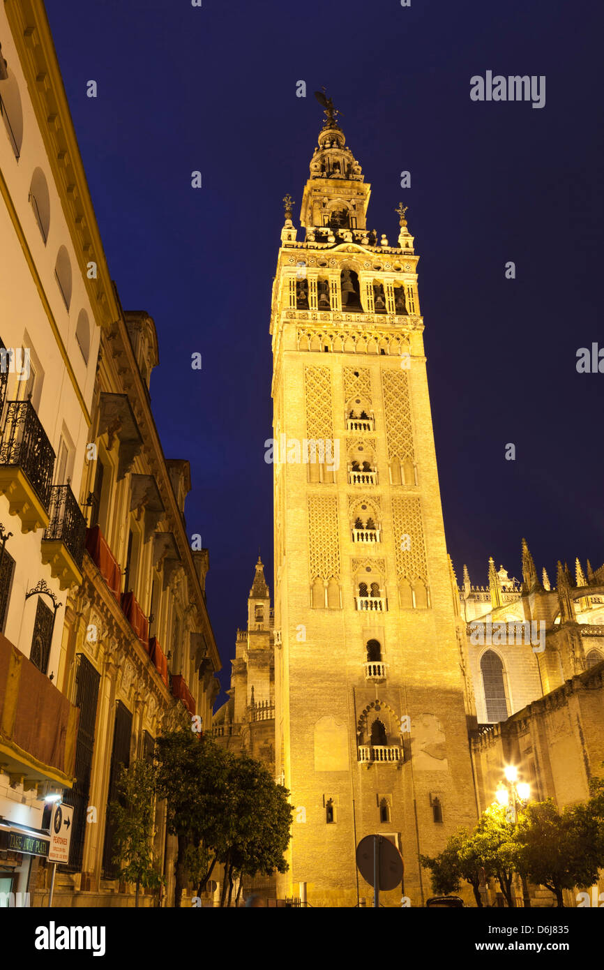 La Giralda de noche, Sitio del Patrimonio Mundial de la UNESCO, Sevilla, Andalucía, España, Europa Foto de stock