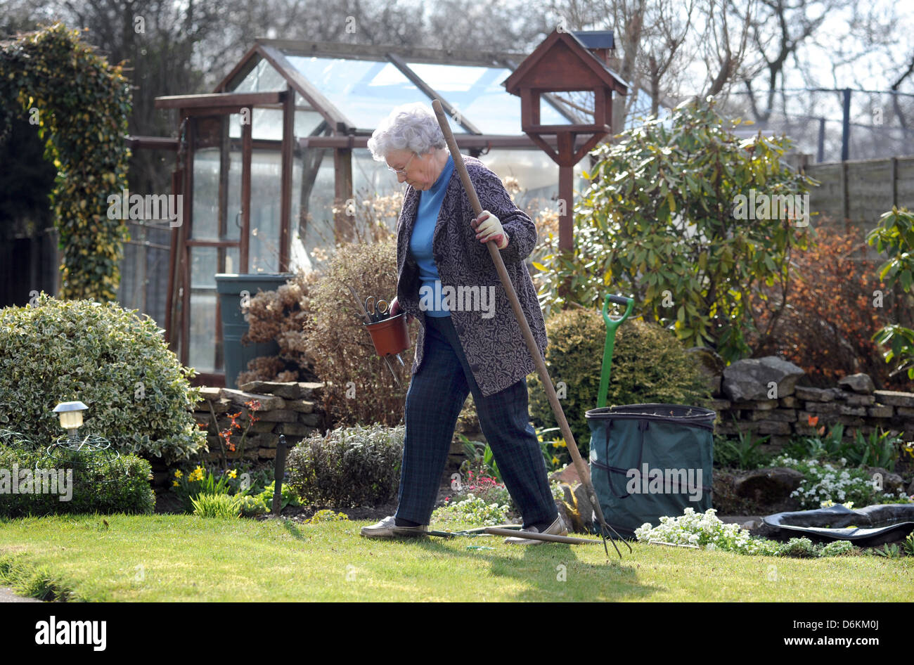 La vieja señora trabajando en el jardín RE VEJEZ PASATIEMPOS JARDINERÍA JUBILACIONES PRESTACIONES SOCIALES depresión viviendo más OUTDOOR UK Foto de stock