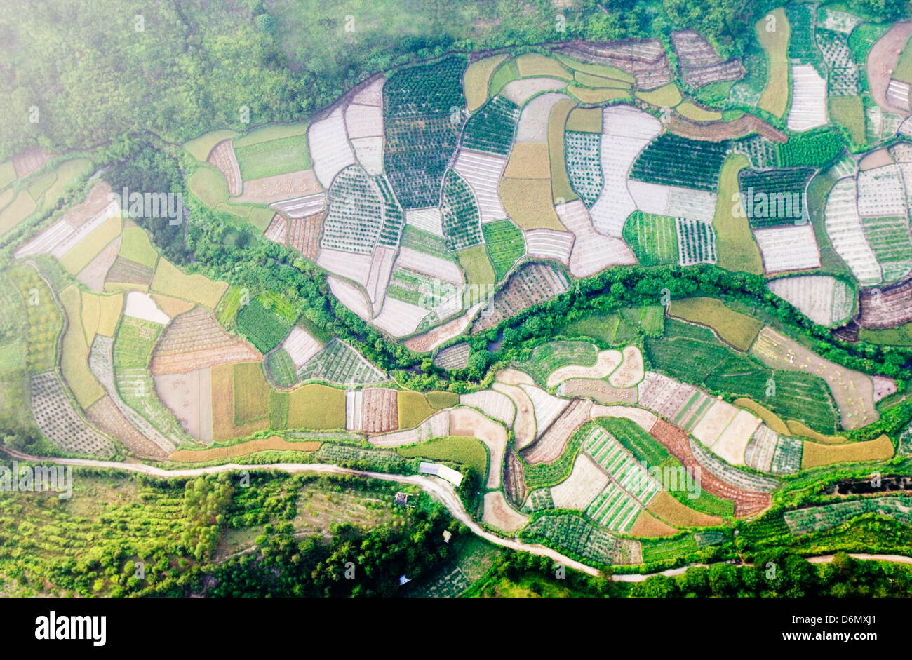 Vista aérea desde un globo de aire caliente en los campos de arroz cerca de Yangshuo Guilin Guangxi China Foto de stock