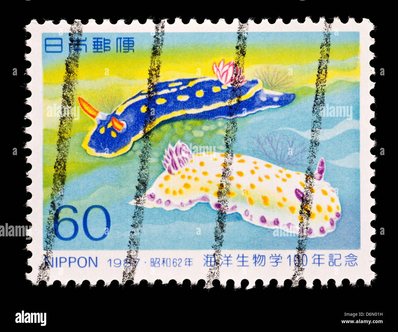 Sello postal de Japón representando babosas de mar (emitido por un siglo de investigación de Biología Marina nacional). Foto de stock