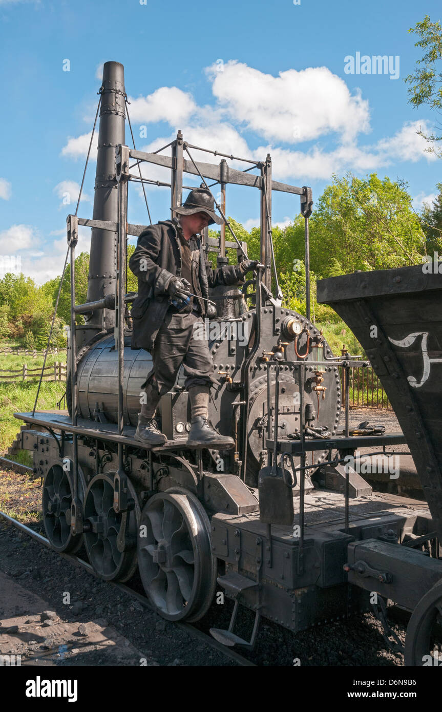 Gran Bretaña, Beamish, al norte de Inglaterra Open-Air Living History Museum, Pockerley Wagonway, réplica de comienzos de 1800 locomotora Foto de stock