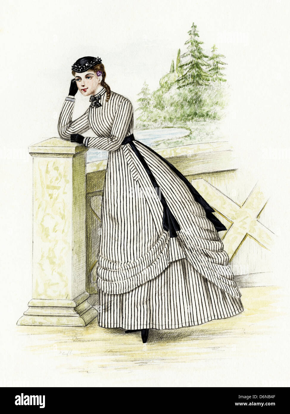 La moda francesa de la época victoriana con fecha de 1867. Pintura acuarela original artista desconocido Foto de stock