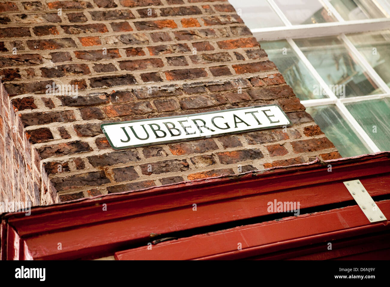 Calle Jubbergate firmar su nombre, la antigua ciudad de York, Yorkshire, Reino Unido Foto de stock