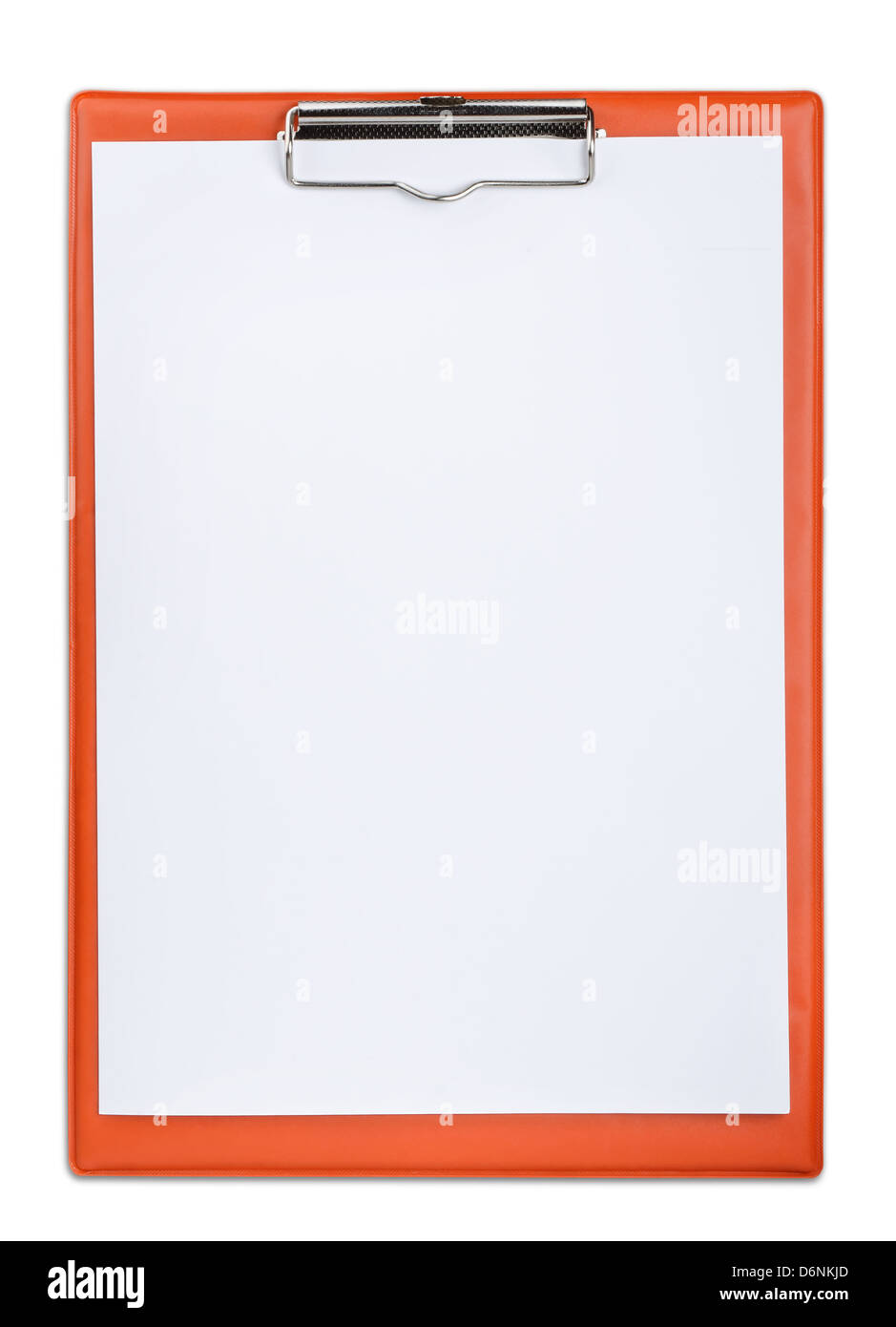 Portapapeles de plástico rojo con la hoja de papel en blanco aislado en blanco Foto de stock