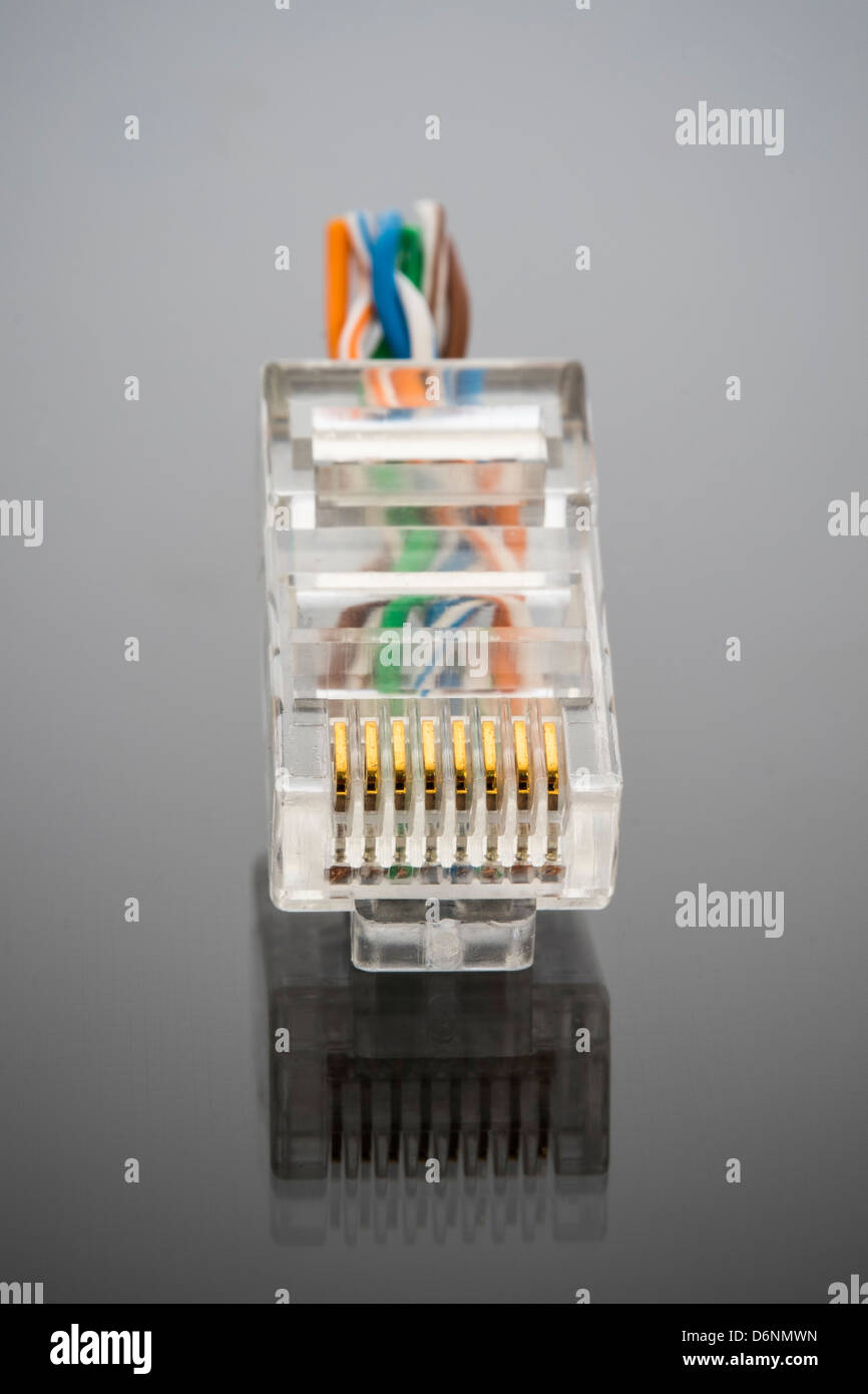 Cerca de la cabeza de un cable Ethernet RJ - 45, mostrando el cableado  interno Fotografía de stock - Alamy