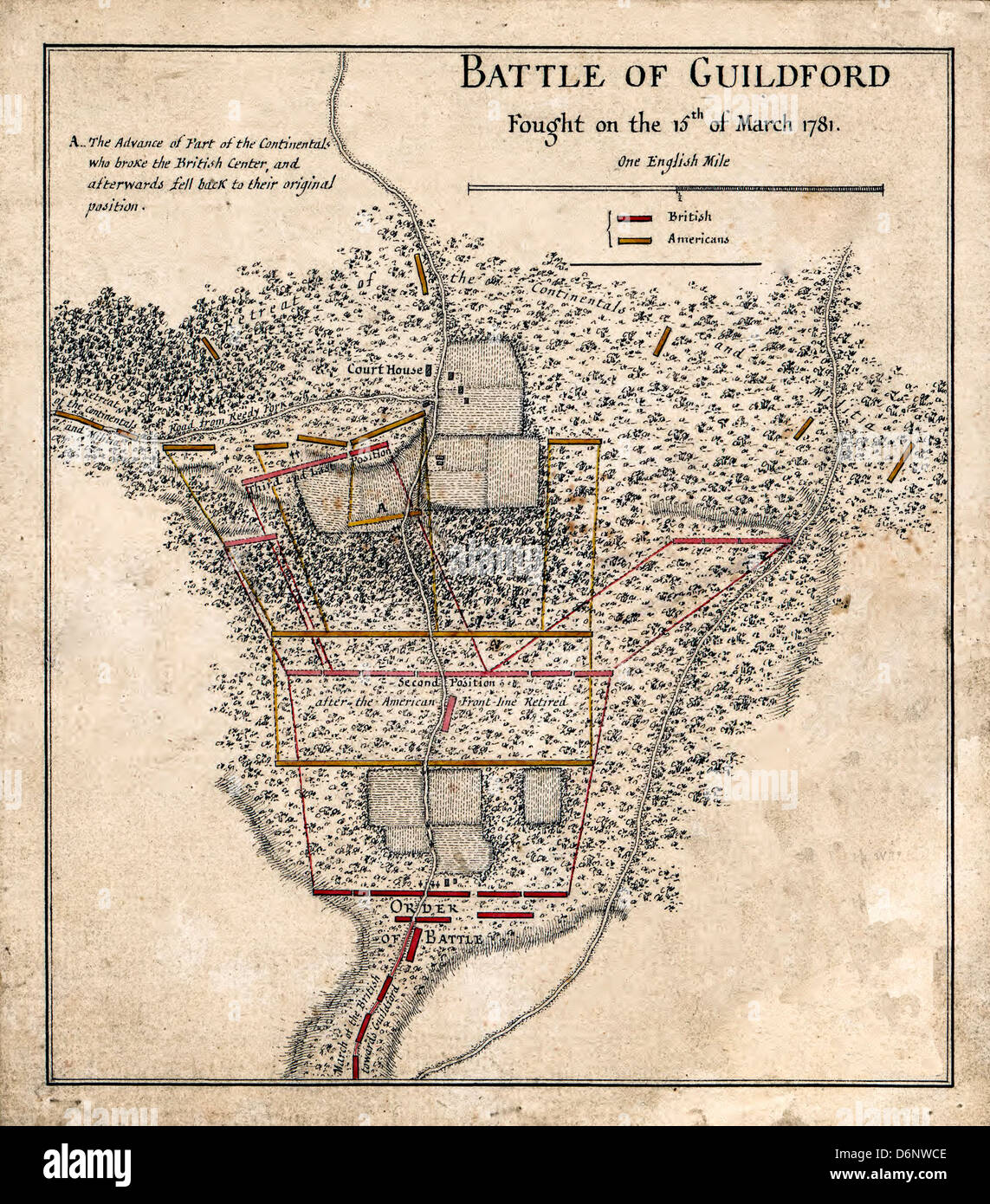 Batalla de Guildford lucharon en el 15 de marzo de 1781. La batalla de Guilford Courthouse, Carolina del Norte, EE.UU. durante la Guerra Revolucionaria Foto de stock