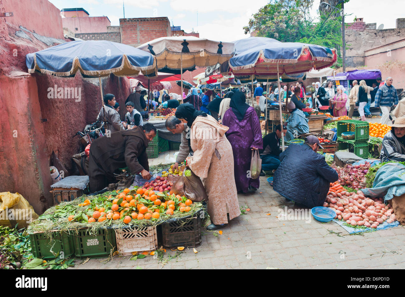 El pueblo marroquí comprando y vendiendo frutas en el mercado de frutas en la medina de Marrakech, Marruecos, África del Norte, África Foto de stock