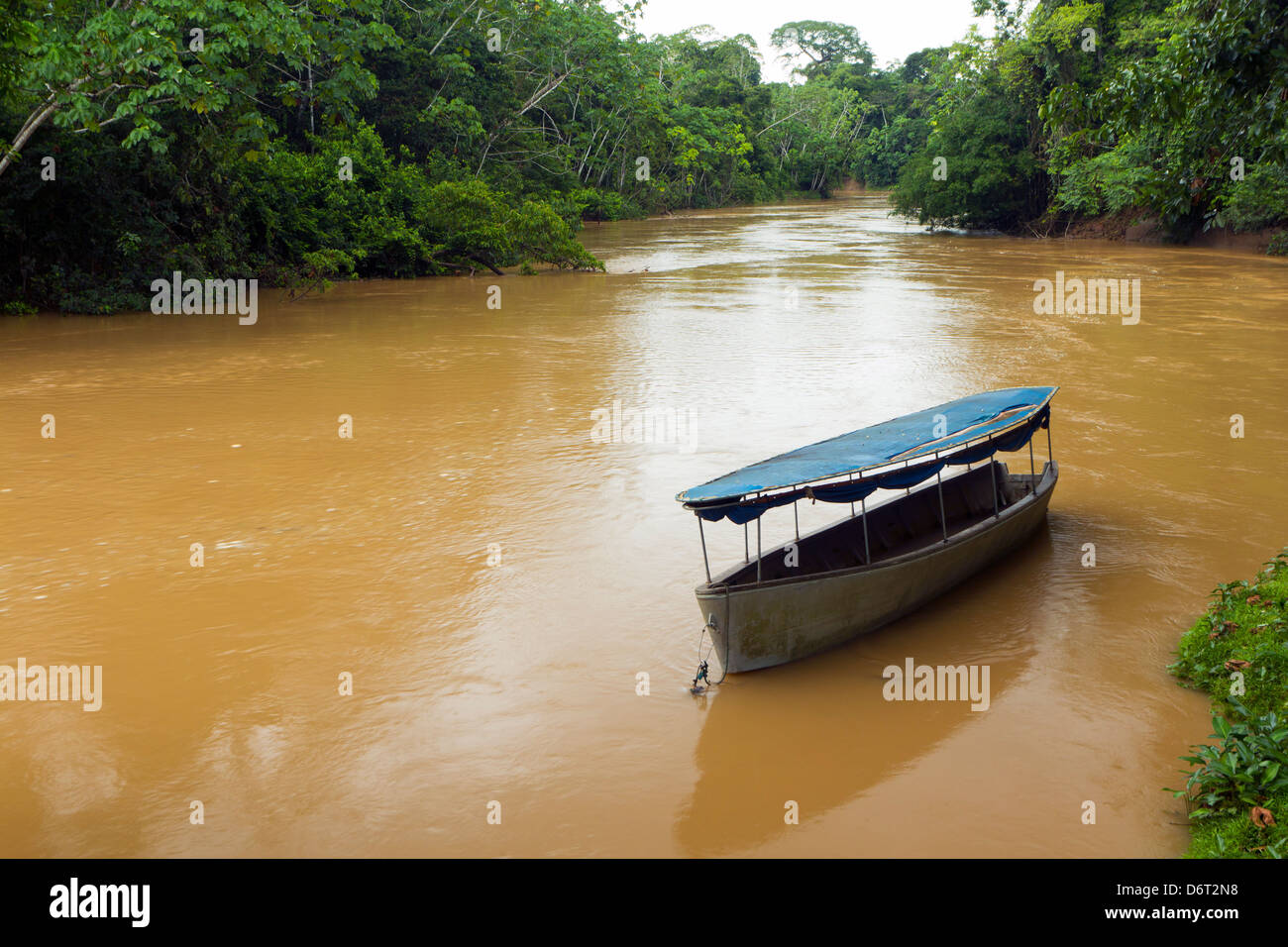 Canoe amarrado junto al río Tiputini en la Amazonía ecuatoriana Foto de stock