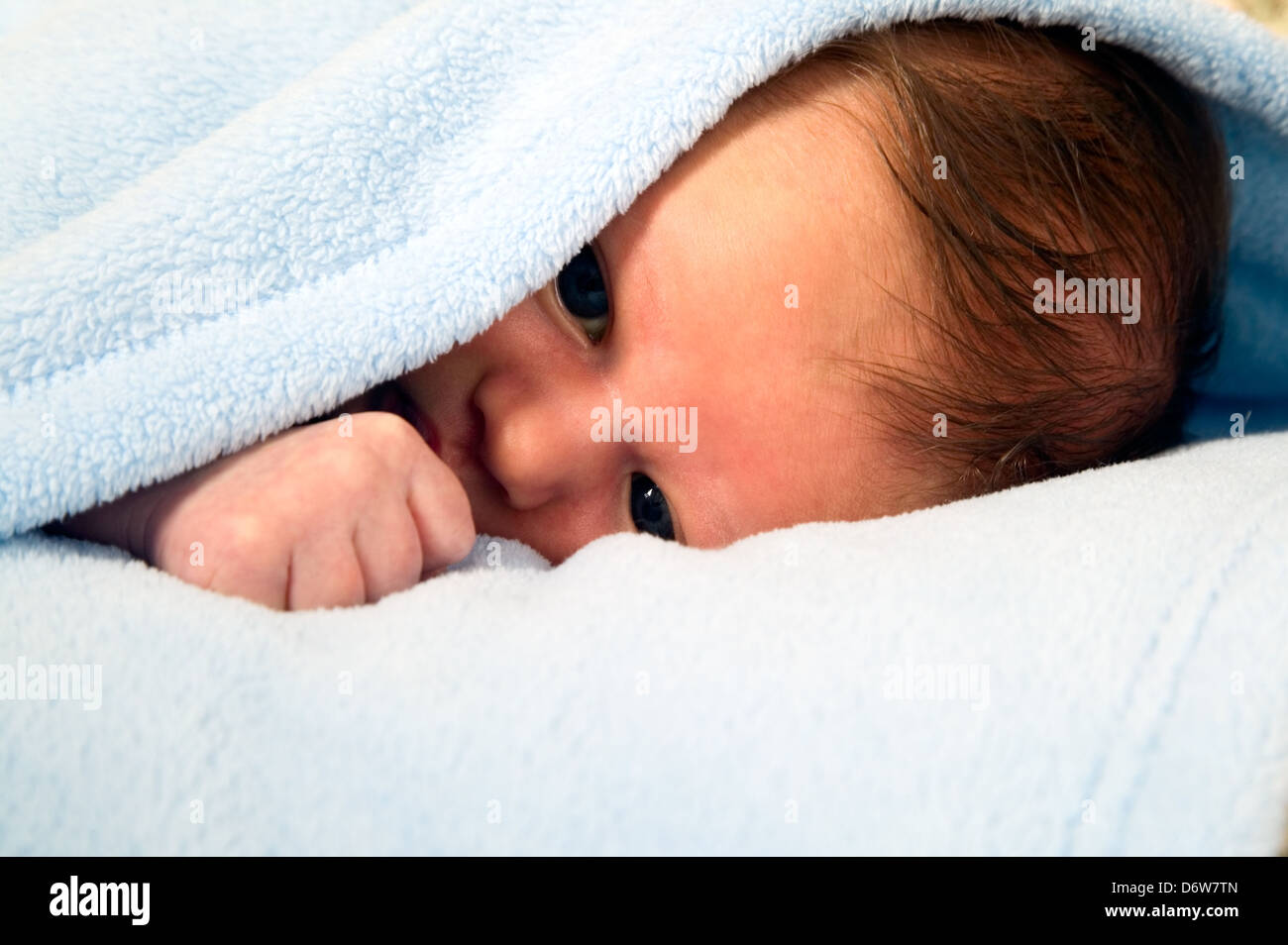 Hermoso bebé varón blanco con grandes ojos está tumbado bajo una manta Foto de stock