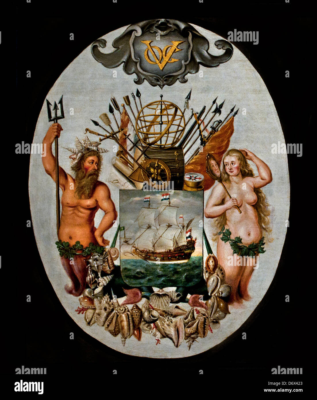 Los brazos de COV de la Compañía Holandesa de las Indias Orientales y de la ciudad de Batavia (Yakarta, Indonesia )1651 Jeronimus Becx Holanda Holandesa Foto de stock