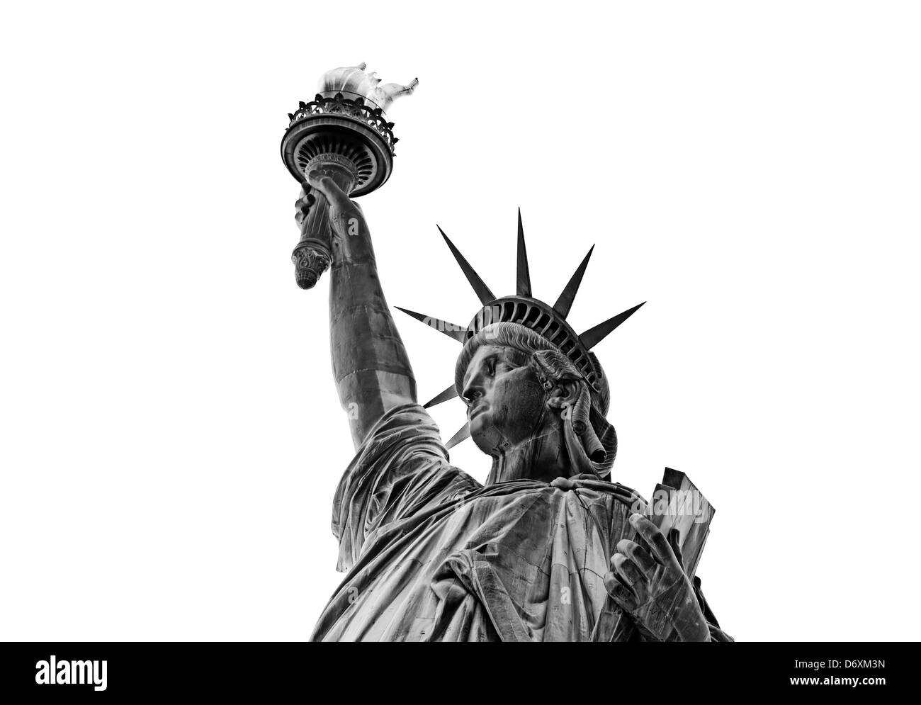 La estatua de la libertad, la Isla de la libertad, de la ciudad de Nueva York, Nueva York, Estados Unidos de América, EE.UU., aislado sobre fondo blanco. Foto de stock