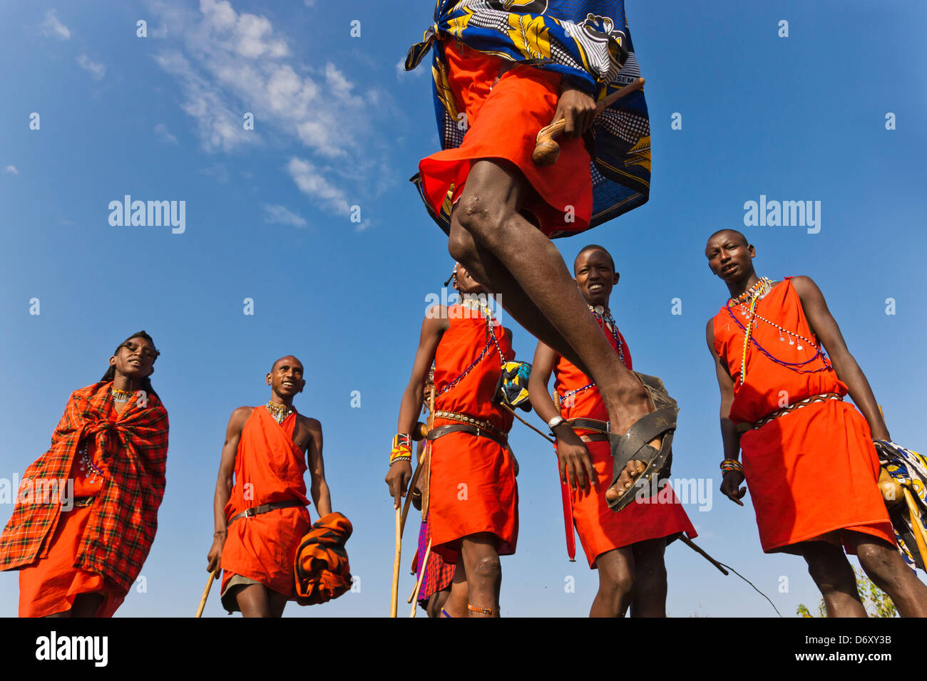 Masai tribespeople realizar saltos, danza Masai Mara, Kenya Foto de stock