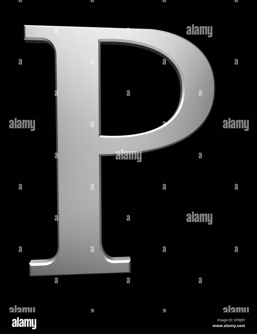 La letra P en acero pulido en negro aislado con trazado de recorte Foto de stock