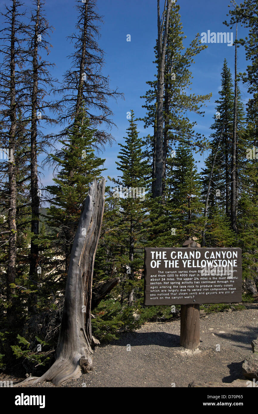 Ee.Uu., el Parque Nacional Yellowstone, Wyoming, signo de la información en el Gran Cañón del río Yellowstone. Foto de stock
