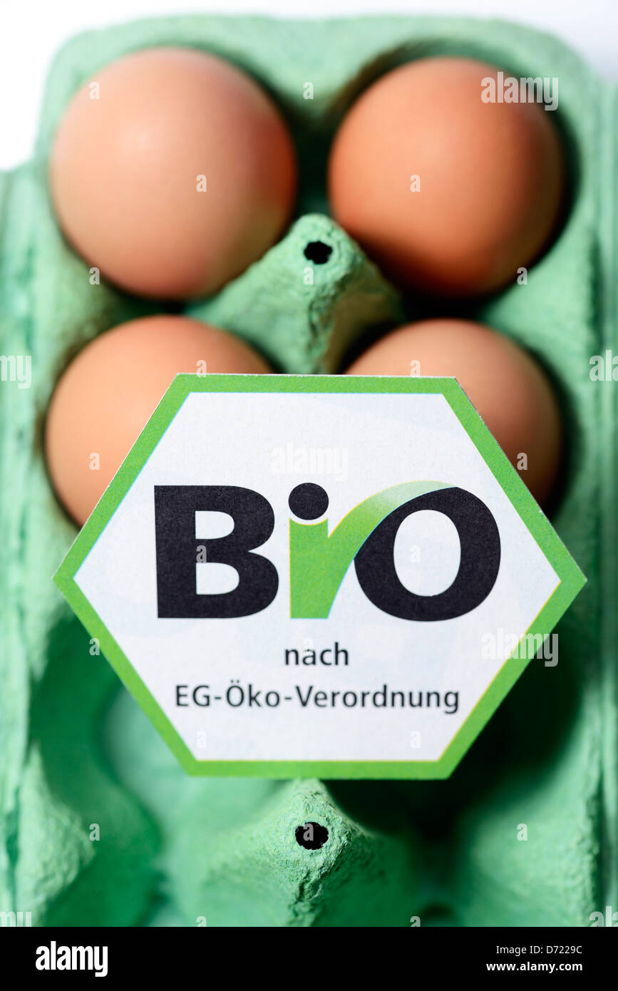 Huevos de gallina con bio-seal, simbólica foto mal declarados biología huevos Foto de stock