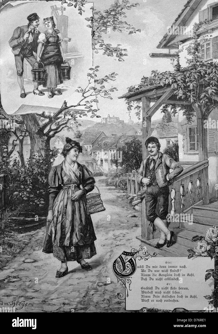 Poema de amor, de pareja alrededor de 1870, ilustración histórica Foto de stock