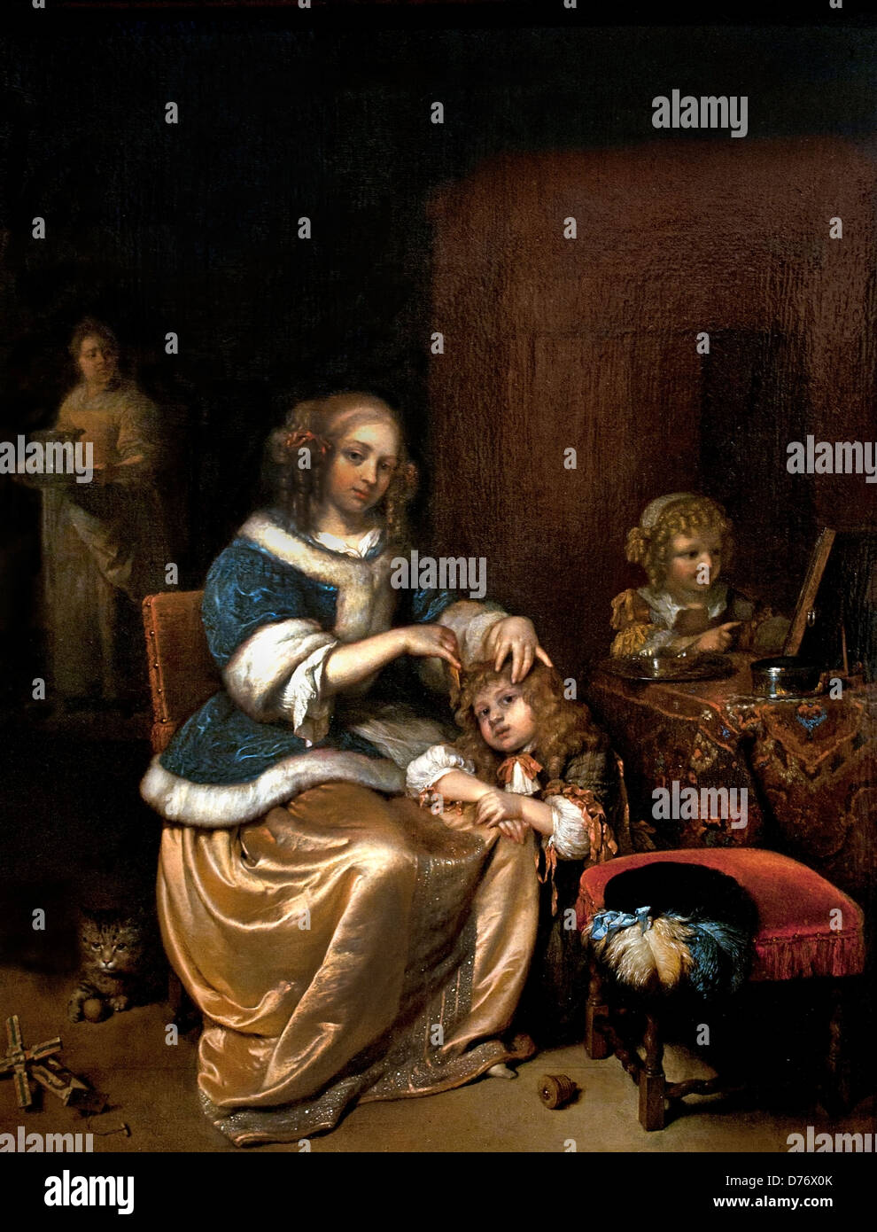 Interior con una madre peinar su cabello del niño 1669 ( Atención Materna ) Casper Netcher Holanda Holandesa 1639-1684 Foto de stock