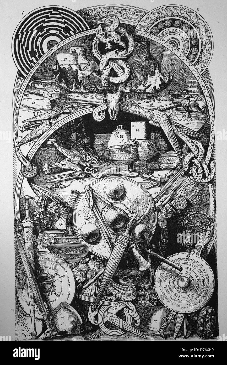 Los símbolos de la cultura nórdica de la Edad de Piedra y la Edad de Bronce, histórico xilografía, 1870 Foto de stock