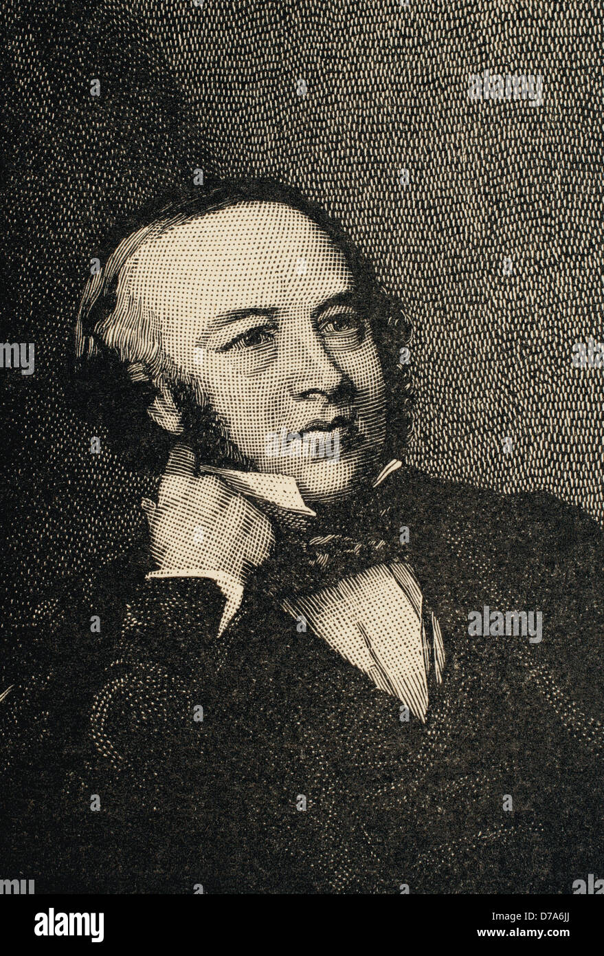 Sir Rowland Hill (1795-1879). Profesor y creador del primer sello británico en la historia: El Penny Black. Grabado. Foto de stock