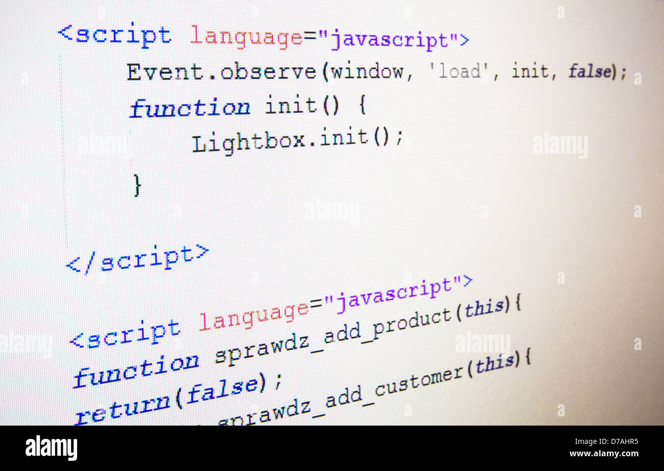 Código de lenguaje JavaScript en pantalla LCD Foto de stock