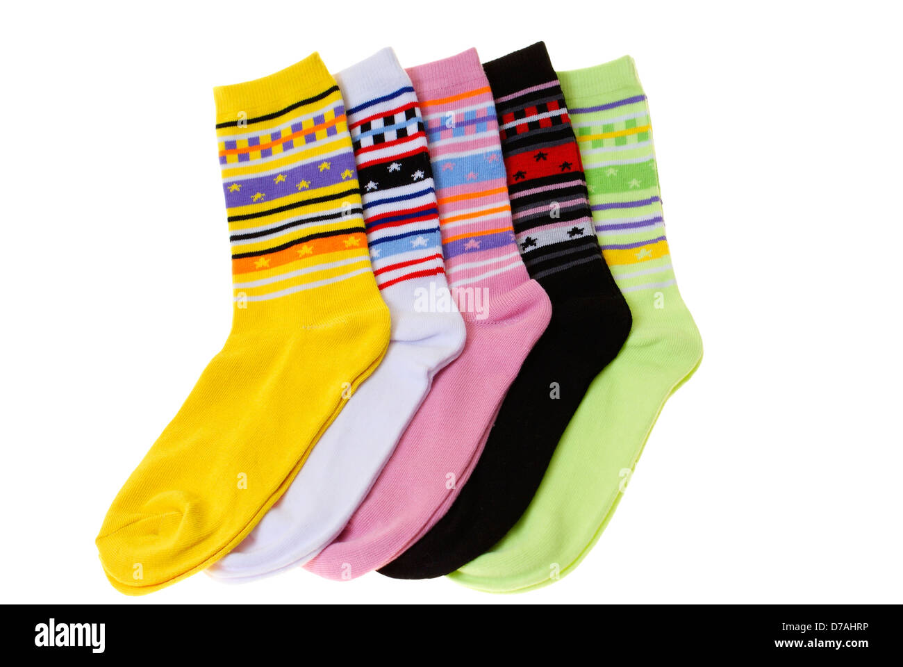 Pares de calcetines coloridos aislado sobre fondo blanco. Foto de stock