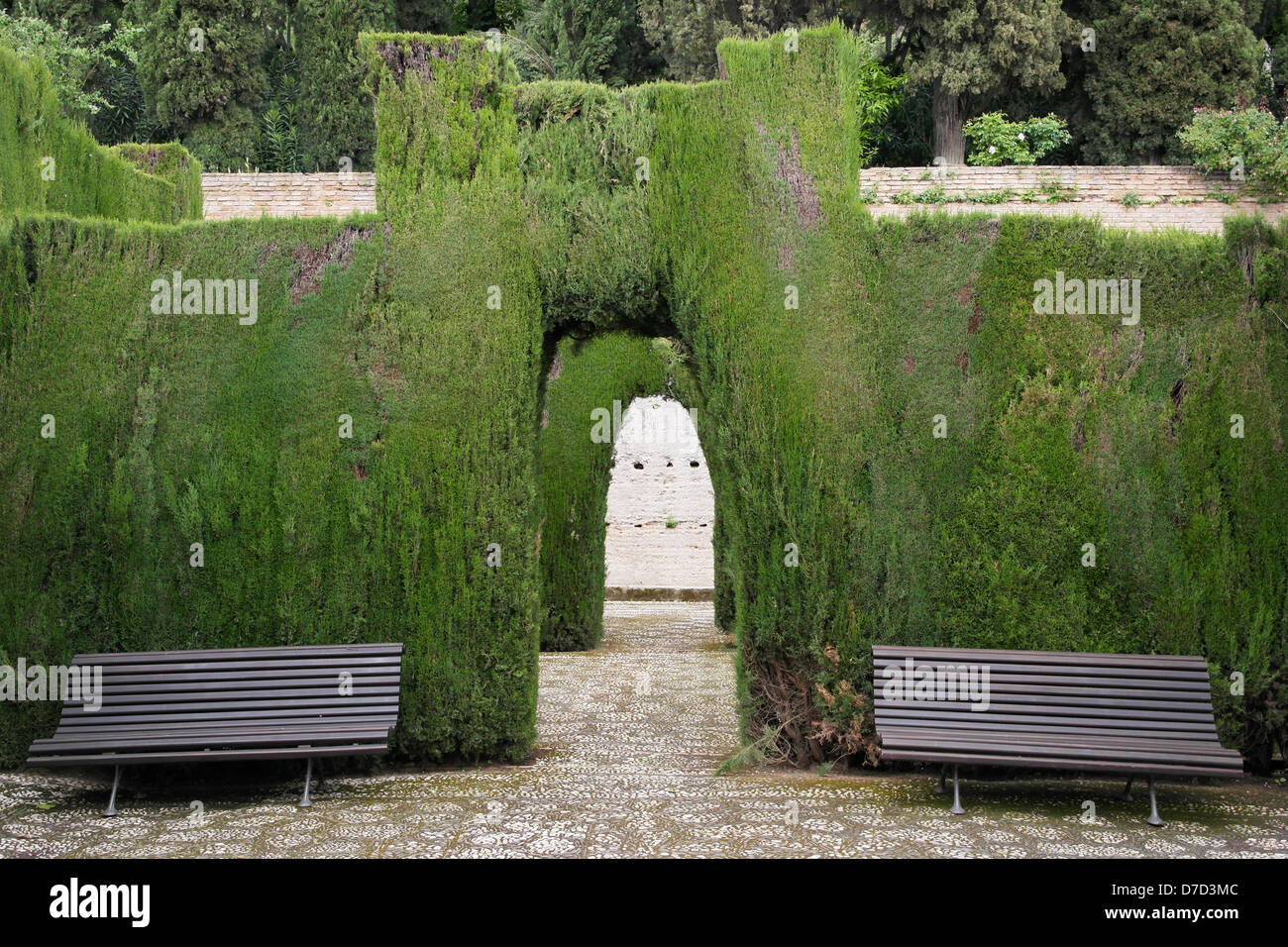 Los setos recortados ans arcos en los jardines del Generalife, La Alhambra, Granada Foto de stock