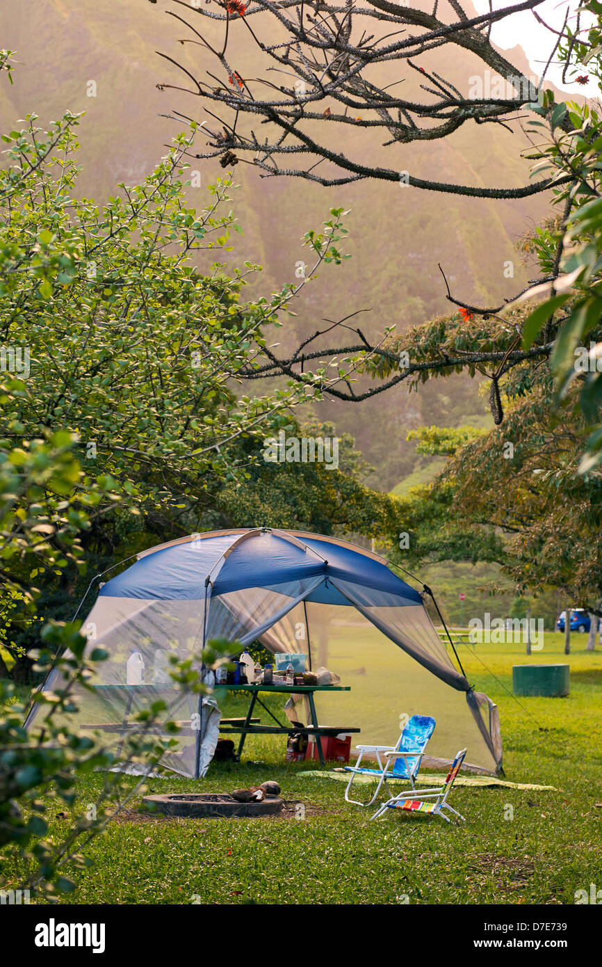Un camping en el Ho'omaluhia Jardín Botánico en la isla de Oahu, Hawai. Foto de stock