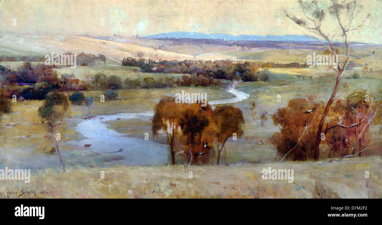 Arthur Streeton, todavía se desliza el arroyo, y será para siempre glide 1890 Óleo sobre lienzo. Galería de Arte de Nueva Gales del Sur, Sydney. Foto de stock