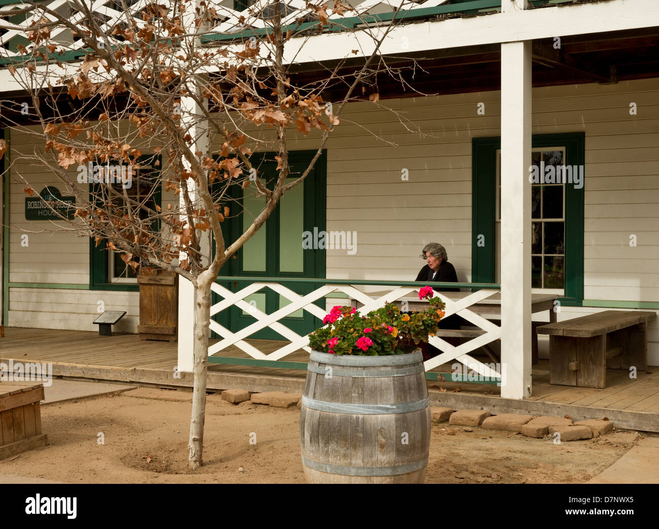 Señora sentada en el porche de una casa de madera antigua con un árbol haya en primer plano. Foto de stock