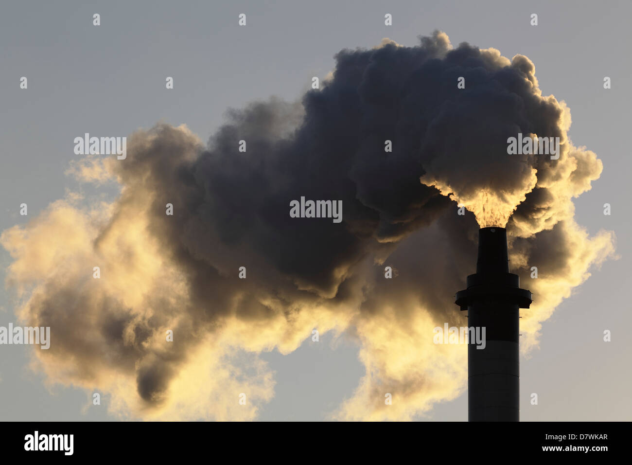 Emisiones de una chimenea en Strathclyde Grain Distillery, Gorbals, Glasgow, Escocia, Reino Unido Foto de stock