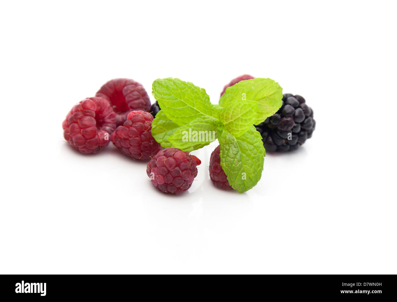Frambuesas maduras y moras con hojas de menta aislado sobre fondo blanco. Foto de stock