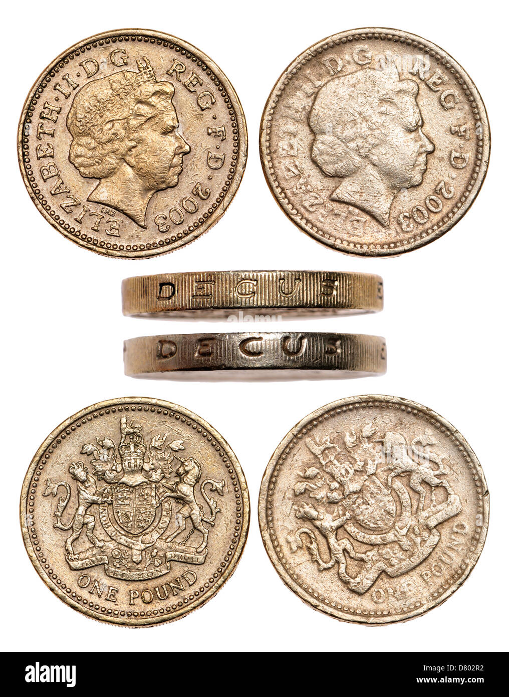 Real y falsificaciones de monedas de la libra. (Ver descripción ) Foto de stock
