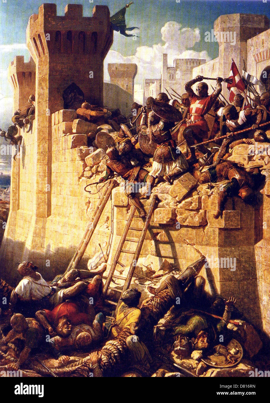 El asedio de Acre. El Hospitalier Master Mathieu de Clermont la defensa de las murallas en 1291 Foto de stock